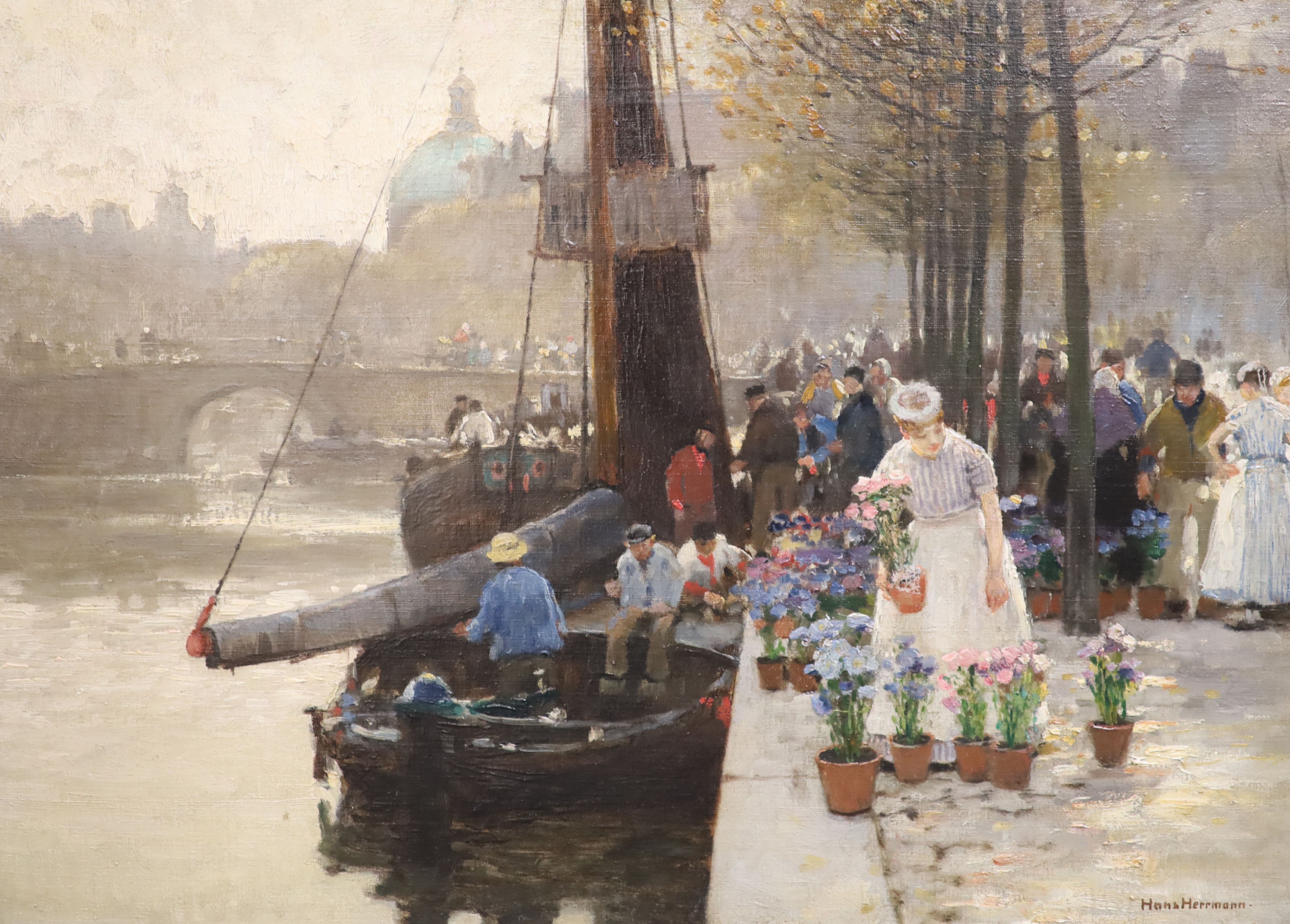 § Hans Hermann (1858-1942) Flower Market in Amsterdam 16 x 22.25in.